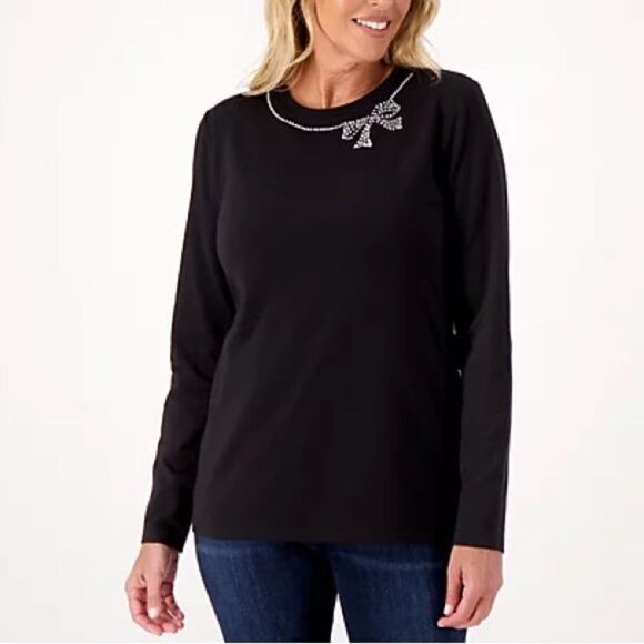 Isaac Mizrahi Live! Rhinestone Embellished Crew Neck Top - Picture 1 of 5